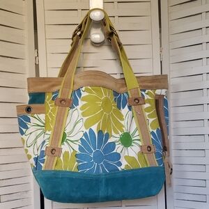 Floral Canvas Tote Bag - Blue and Green